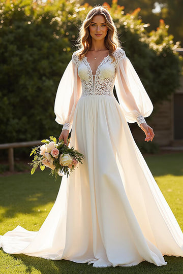 Chiffon A Line V-Neck Court Train Ivory Wedding Dress with Lace